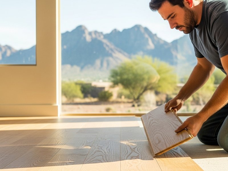 Installing flooring in a bright home with a view of the White Tank Mountains in AZ