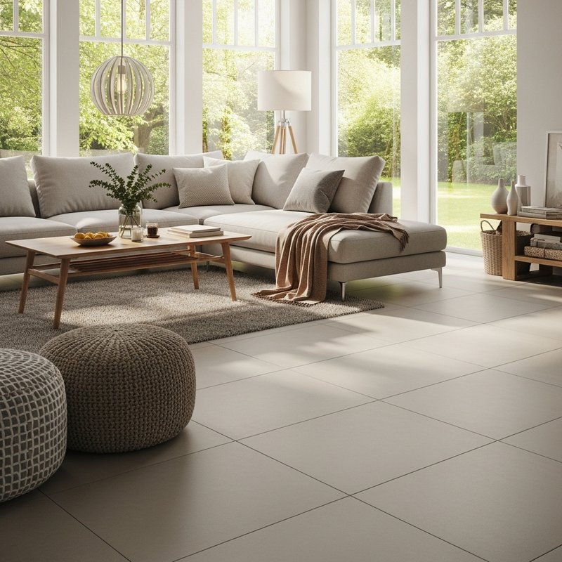 Open concept living room with large matte tile floors